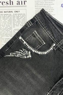 Dark Gothic Skull Embroidered Jeans - Y2K Grunge, 90s Fashion, Retro Style, Y2K Summer Outfits