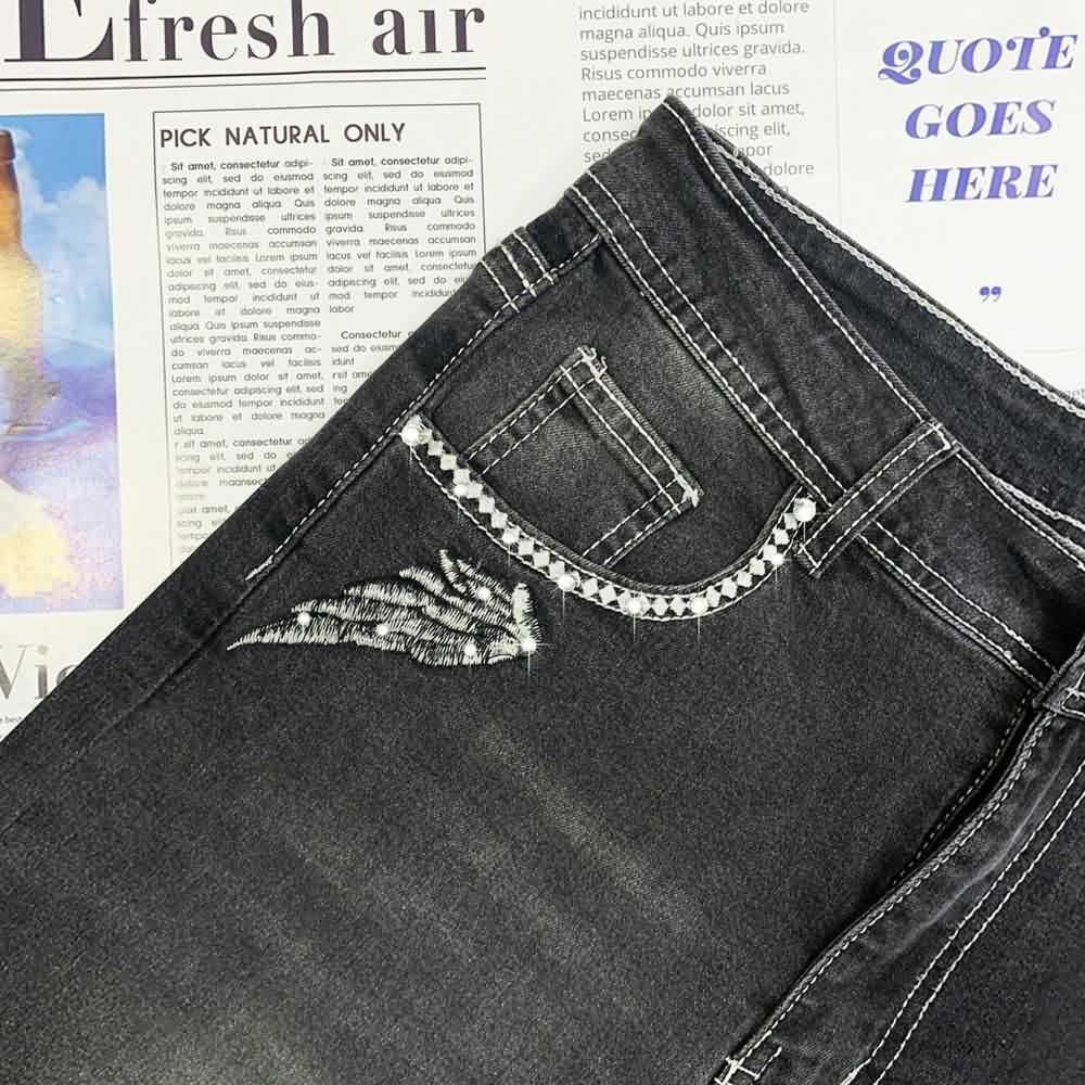Dark Gothic Skull Embroidered Jeans - Y2K Grunge, 90s Fashion, Retro Style, Y2K Summer Outfits