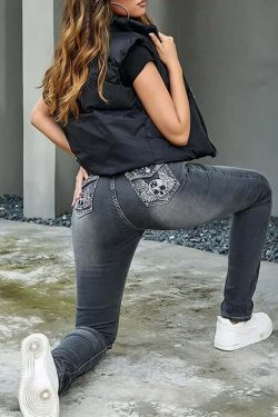 Dark Gothic Skull Embroidered Jeans - Y2K Grunge, 90s Fashion, Retro Style, Y2K Summer Outfits