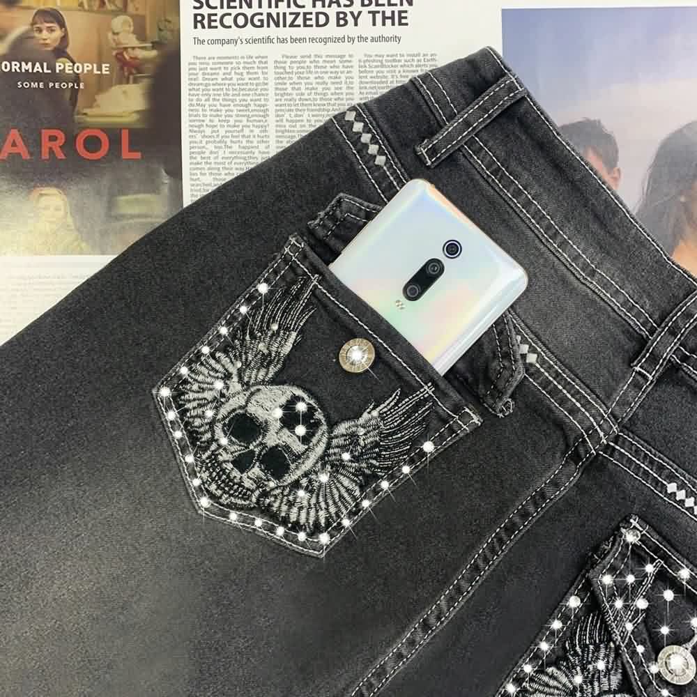 Dark Gothic Skull Embroidered Jeans - Y2K Grunge, 90s Fashion, Retro Style, Y2K Summer Outfits