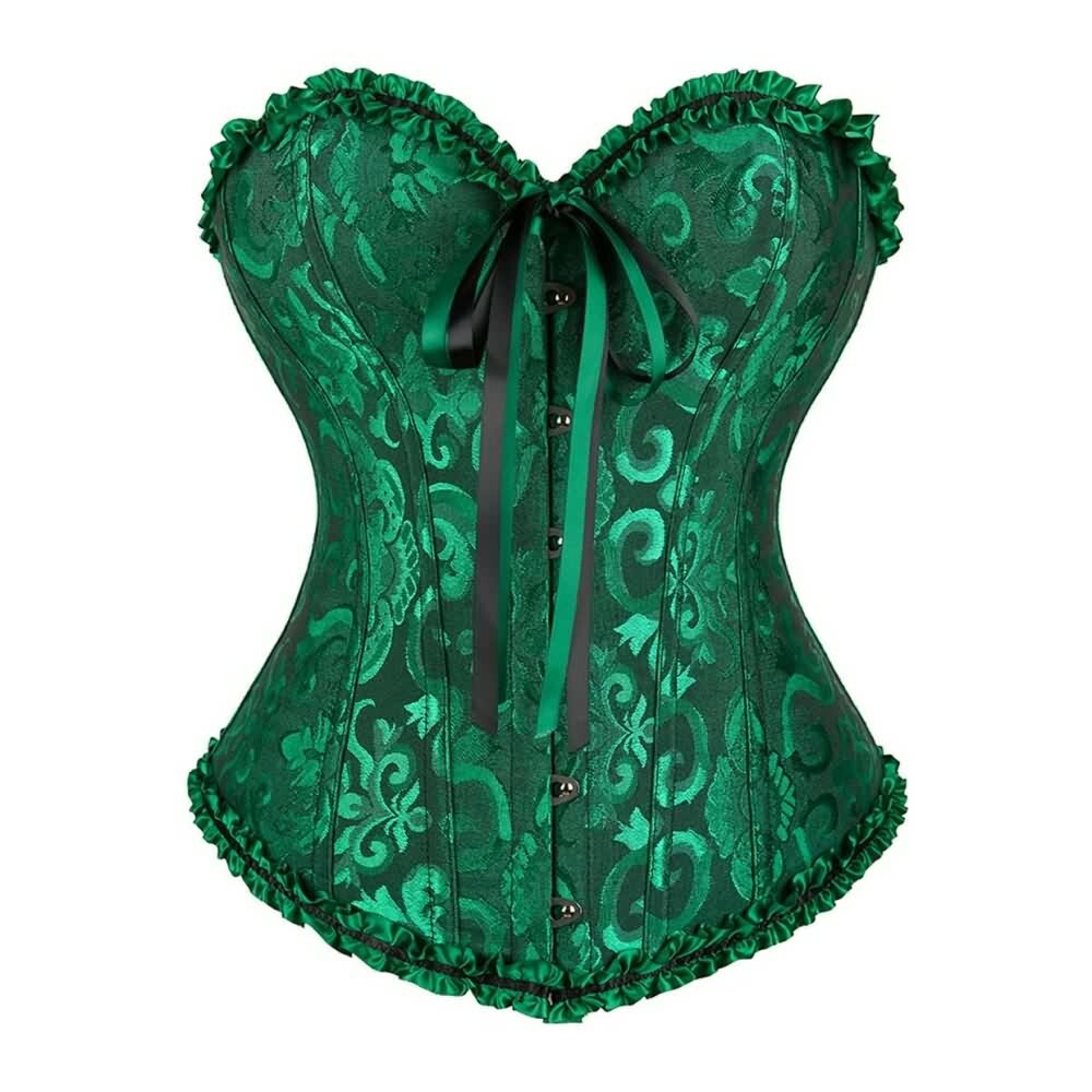 Dark Green Gothic Ruffle Trim Overbust Corset - Y2K Grunge, 90s Fashion, Retro Summer Outfit