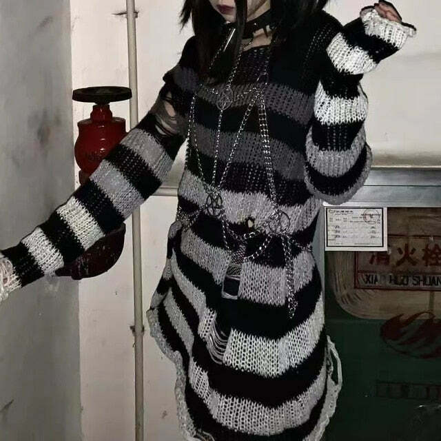 Dark Grunge Goth Grey Gradient Striped Sweater - Y2K Summer, 90s Fashion, Retro Style