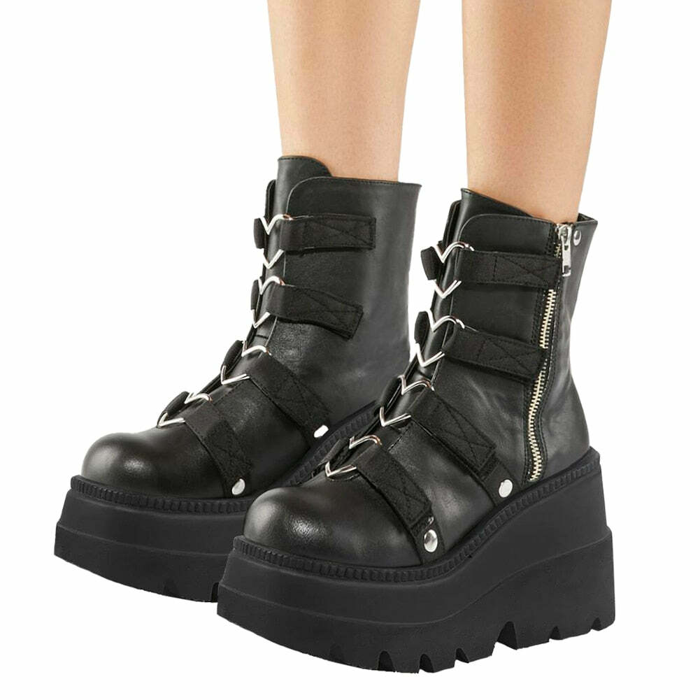 Dark Grunge Heart Biker Boots - Y2K Summer, 90s Fashion, Gothic Y2K, Retro Style, Y2K Club