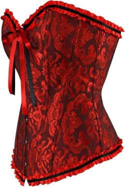Dark Red Gothic Ruffle Trim Overbust Corset - Y2K Grunge, 90s Fashion, Retro Summer Outfit