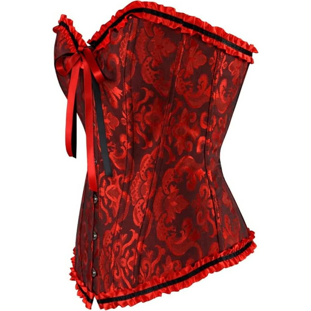 Dark Red Gothic Ruffle Trim Overbust Corset - Y2K Grunge, 90s Fashion, Retro Summer Outfit