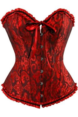 Dark Red Gothic Ruffle Trim Overbust Corset - Y2K Grunge, 90s Fashion, Retro Summer Outfit