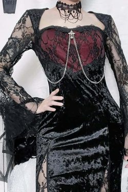 Dark Romantic Velvet & Lace Split Midi Dress - Y2K Grunge, 90s Fashion, Gothic Y2K Outfit