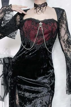 Dark Romantic Velvet & Lace Split Midi Dress - Y2K Grunge, 90s Fashion, Gothic Y2K Outfit