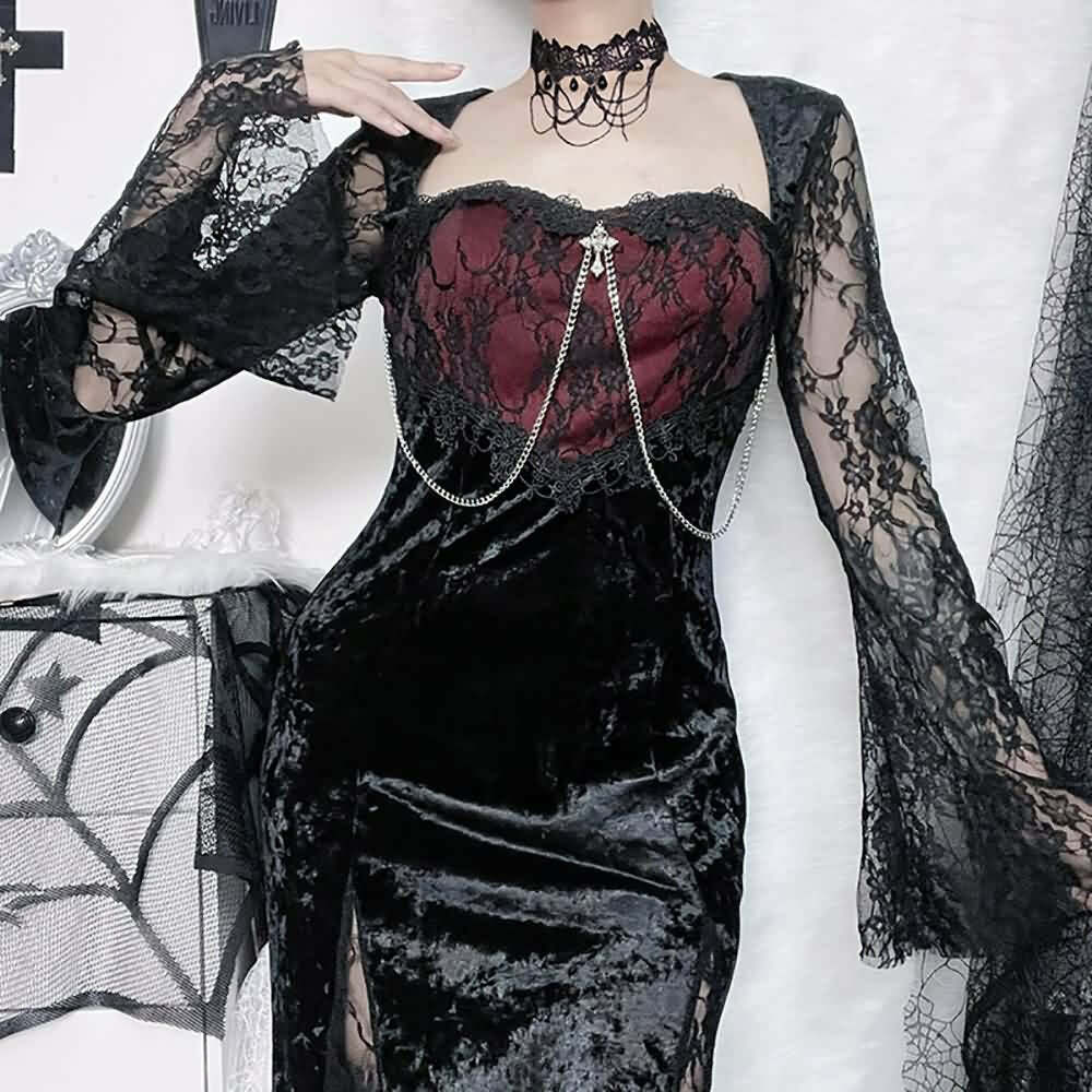 Dark Romantic Velvet & Lace Split Midi Dress - Y2K Grunge, 90s Fashion, Gothic Y2K Outfit