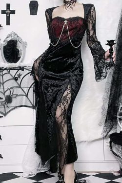 Dark Romantic Velvet & Lace Split Midi Dress - Y2K Grunge, 90s Fashion, Gothic Y2K Outfit