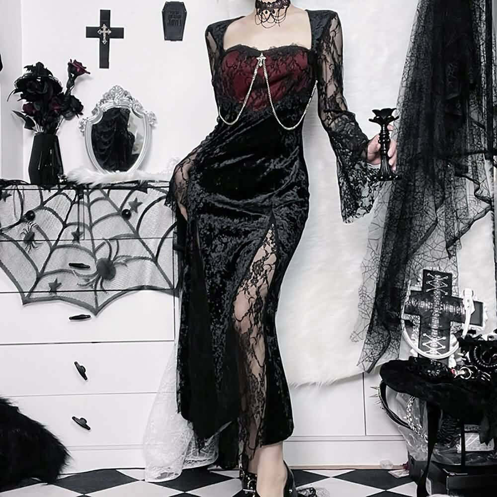 Dark Romantic Velvet & Lace Split Midi Dress - Y2K Grunge, 90s Fashion, Gothic Y2K Outfit