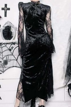 Dark Romantic Velvet & Lace Split Midi Dress - Y2K Grunge, 90s Fashion, Gothic Y2K Outfit