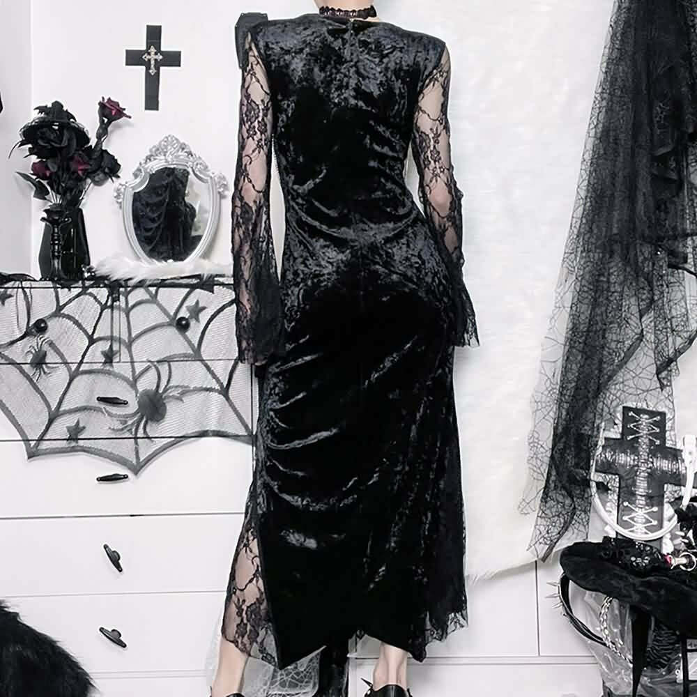 Dark Romantic Velvet & Lace Split Midi Dress - Y2K Grunge, 90s Fashion, Gothic Y2K Outfit