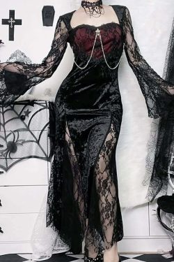 Dark Romantic Velvet & Lace Split Midi Dress - Y2K Grunge, 90s Fashion, Gothic Y2K Outfit