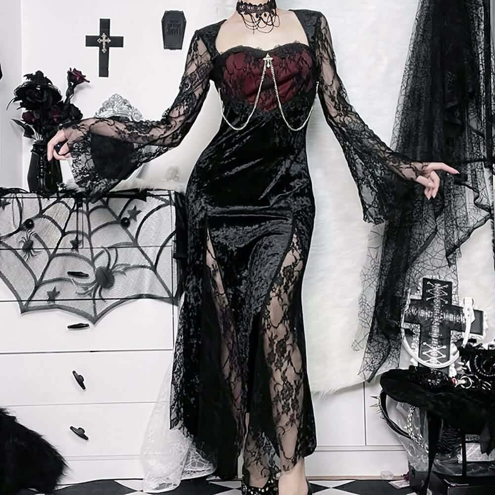 Dark Romantic Velvet & Lace Split Midi Dress - Y2K Grunge, 90s Fashion, Gothic Y2K Outfit