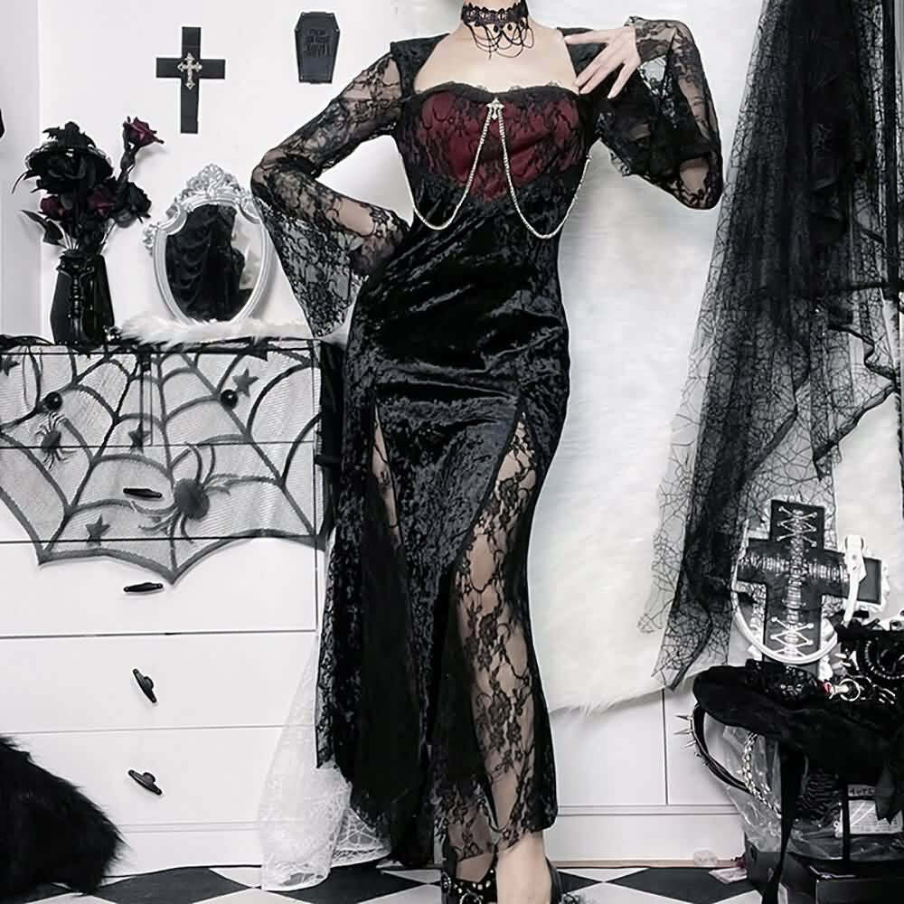 Dark Romantic Velvet & Lace Split Midi Dress - Y2K Grunge, 90s Fashion, Gothic Y2K Outfit
