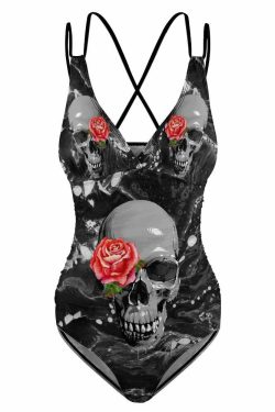 Dark Skull Rose Push Up One Piece Swimsuit - Y2K Grunge, 90s Goth, Retro Summer Beachwear
