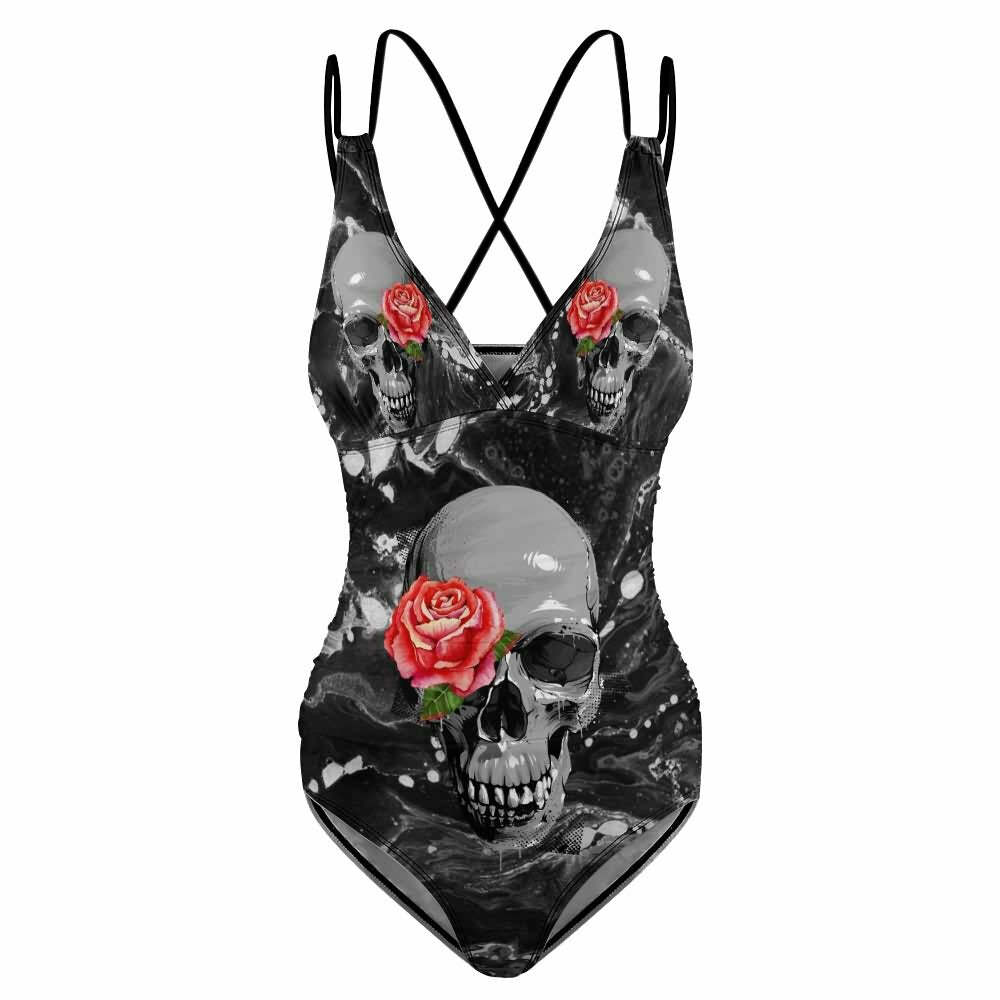 Dark Skull Rose Push Up One Piece Swimsuit - Y2K Grunge, 90s Goth, Retro Summer Beachwear