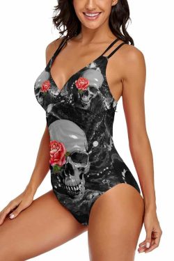 Dark Skull Rose Push Up One Piece Swimsuit - Y2K Grunge, 90s Goth, Retro Summer Beachwear