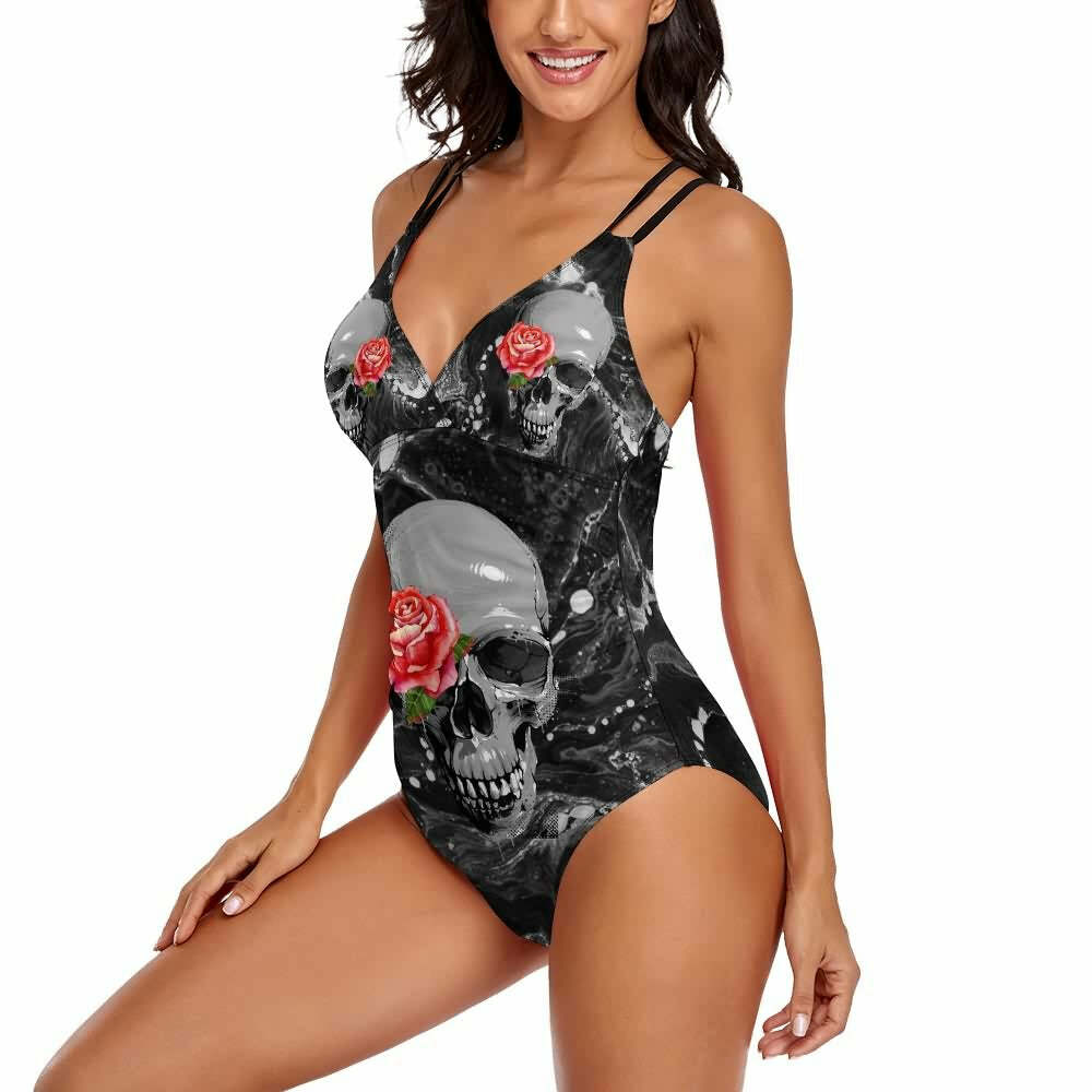 Dark Skull Rose Push Up One Piece Swimsuit - Y2K Grunge, 90s Goth, Retro Summer Beachwear