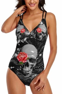Dark Skull Rose Push Up One Piece Swimsuit - Y2K Grunge, 90s Goth, Retro Summer Beachwear