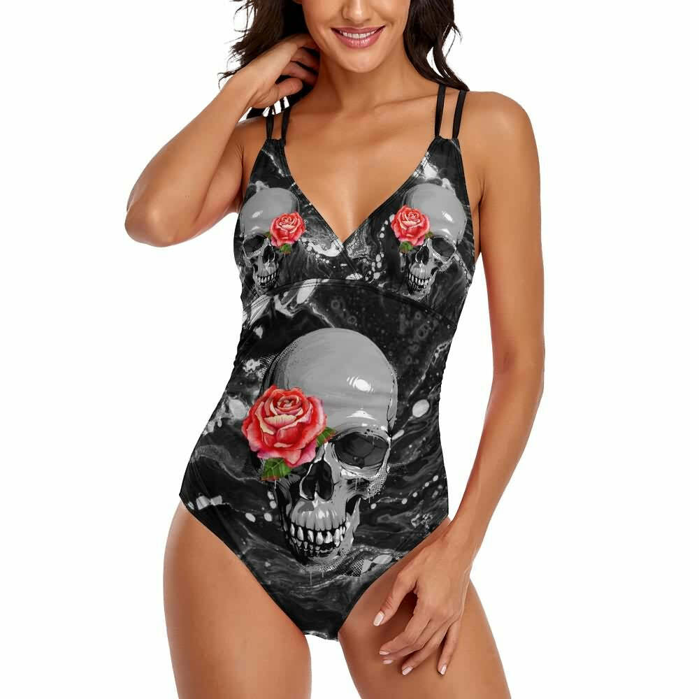 Dark Skull Rose Push Up One Piece Swimsuit - Y2K Grunge, 90s Goth, Retro Summer Beachwear
