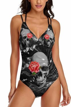 Dark Skull Rose Push Up One Piece Swimsuit - Y2K Grunge, 90s Goth, Retro Summer Beachwear
