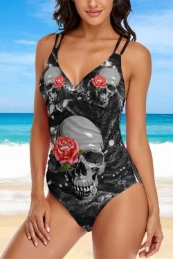 Dark Skull Rose Push Up One Piece Swimsuit - Y2K Grunge, 90s Goth, Retro Summer Beachwear