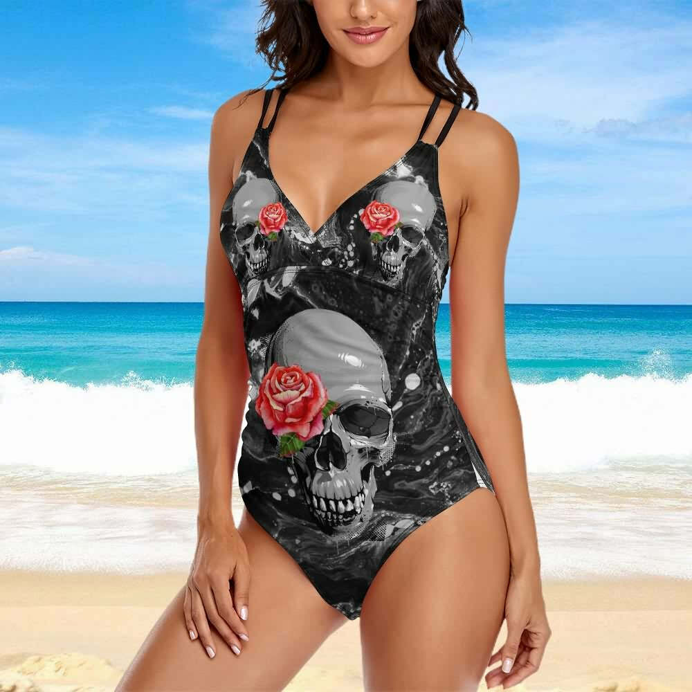 Dark Skull Rose Push Up One Piece Swimsuit - Y2K Grunge, 90s Goth, Retro Summer Beachwear