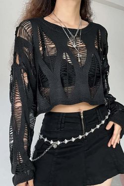 Distressed Gothic Y2K Crop Sweater with Long Sleeves - 90s Grunge Retro Fashion