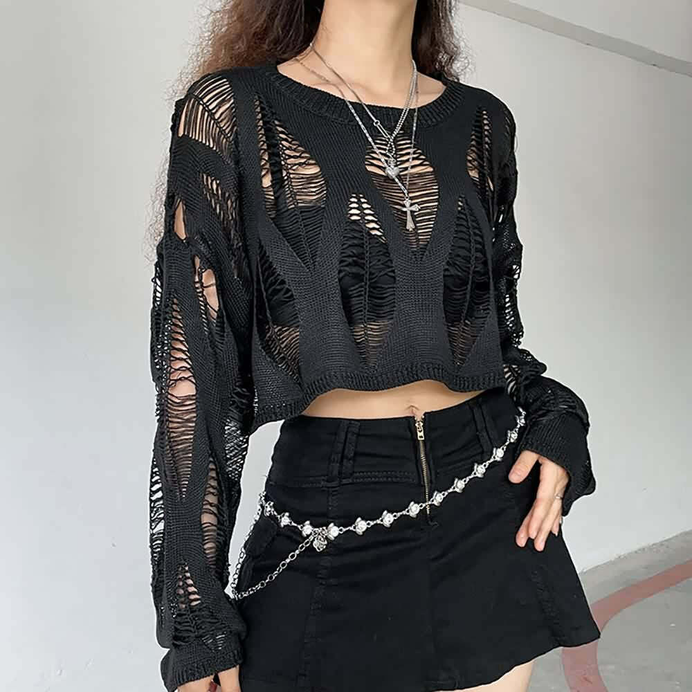 Distressed Gothic Y2K Crop Sweater with Long Sleeves - 90s Grunge Retro Fashion