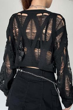 Distressed Gothic Y2K Crop Sweater with Long Sleeves - 90s Grunge Retro Fashion