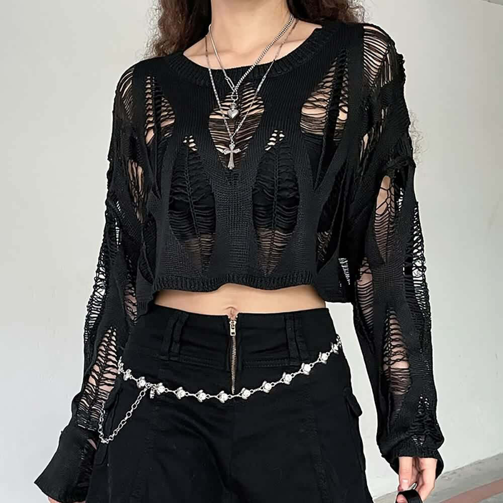 Distressed Gothic Y2K Crop Sweater with Long Sleeves - 90s Grunge Retro Fashion