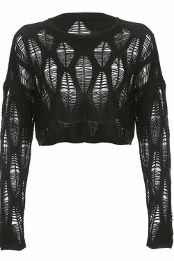 Distressed Gothic Y2K Crop Sweater with Long Sleeves - 90s Grunge Retro Fashion
