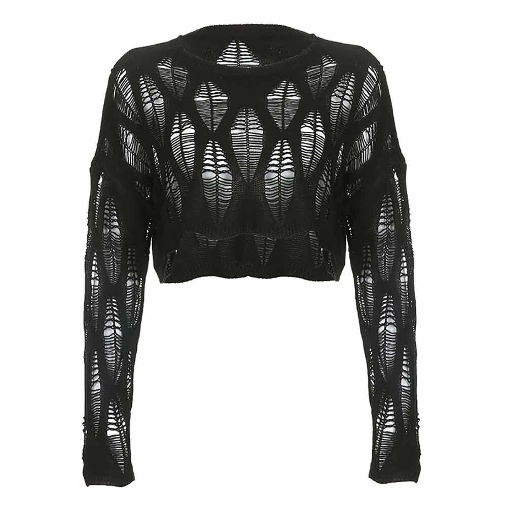Distressed Gothic Y2K Crop Sweater with Long Sleeves - 90s Grunge Retro Fashion