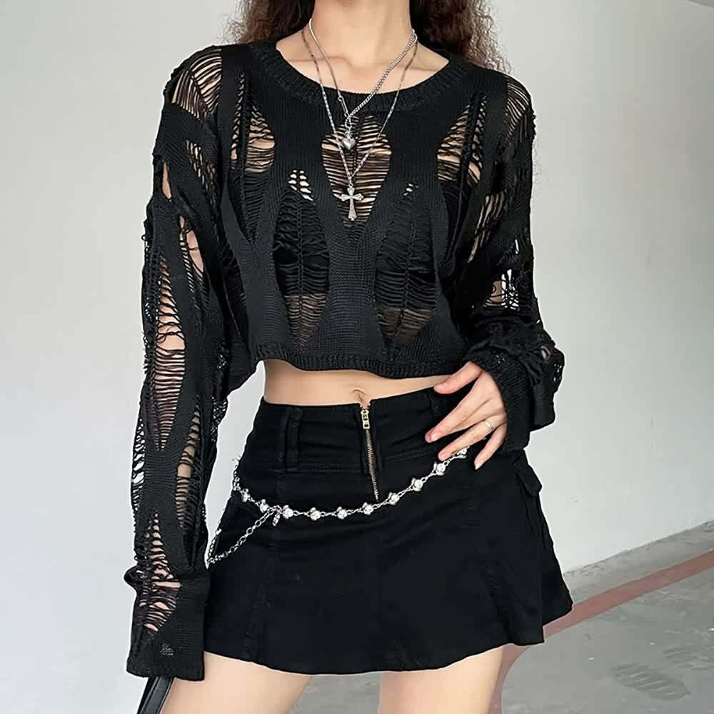 Distressed Gothic Y2K Crop Sweater with Long Sleeves - 90s Grunge Retro Fashion