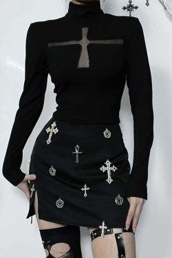 Divine Cross Long Sleeve Gothic Top - Y2K Grunge, 90s Fashion, Retro Style, Pastel Goth