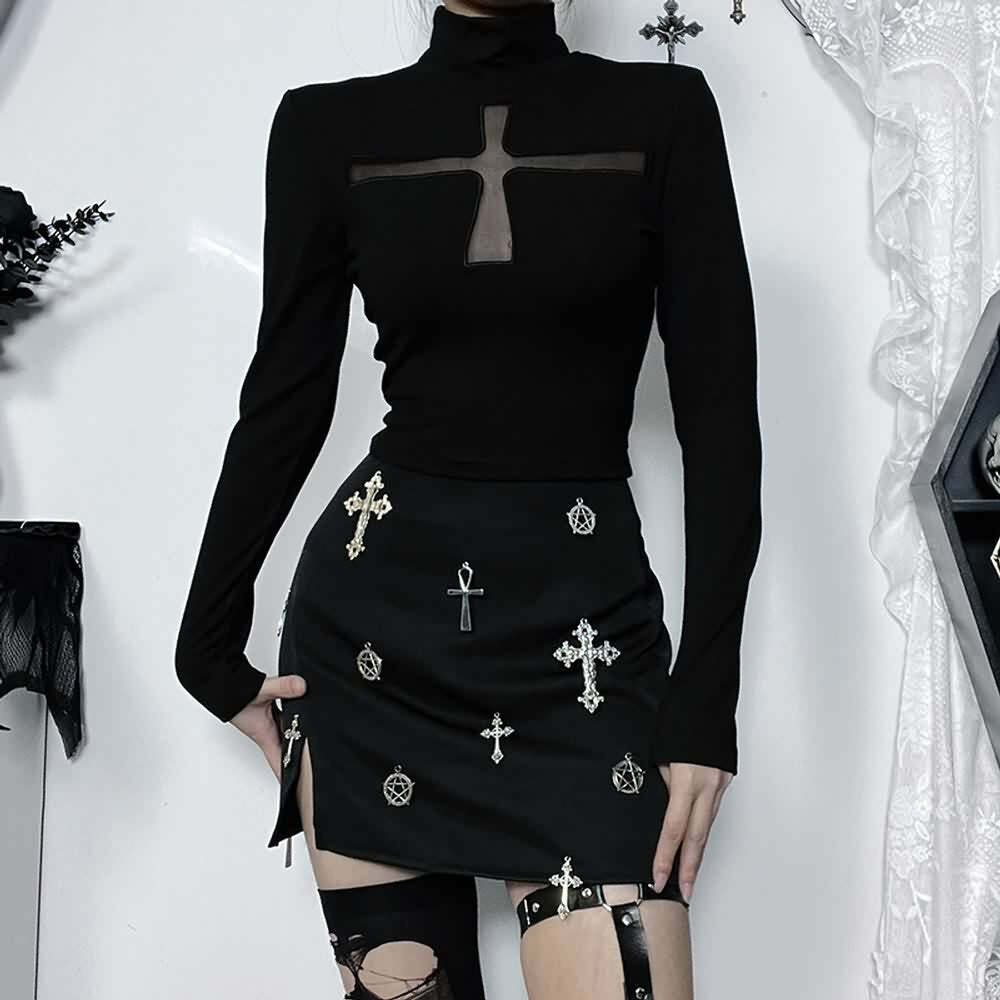 Divine Cross Long Sleeve Gothic Top - Y2K Grunge, 90s Fashion, Retro Style, Pastel Goth
