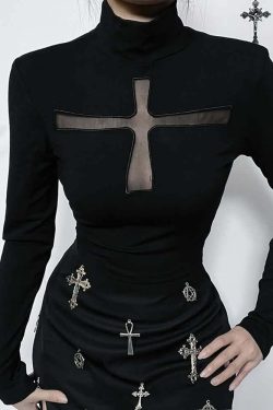 Divine Cross Long Sleeve Gothic Top - Y2K Grunge, 90s Fashion, Retro Style, Pastel Goth