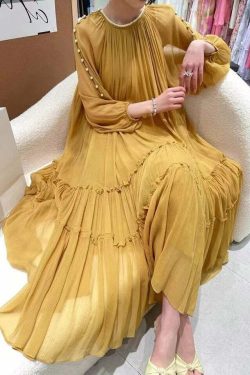 DIY Yellow O-Neck Nail Bead Ruffled Silk Dress - Y2K Summer, 90s Grunge, Retro Party Outfit