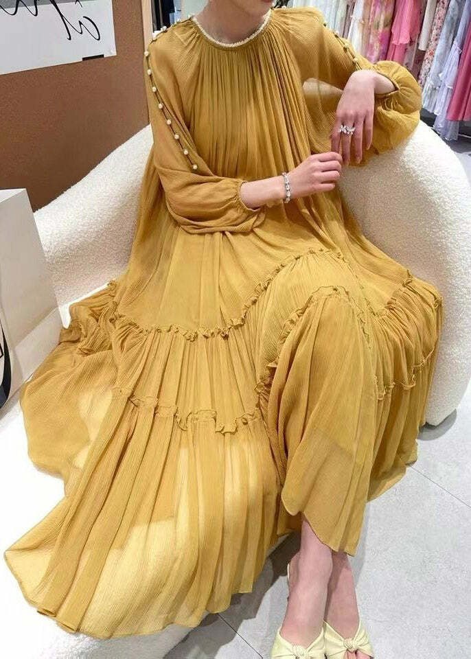 DIY Yellow O-Neck Nail Bead Ruffled Silk Dress - Y2K Summer, 90s Grunge, Retro Party Outfit
