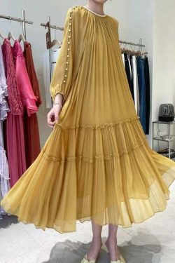 DIY Yellow O-Neck Nail Bead Ruffled Silk Dress - Y2K Summer, 90s Grunge, Retro Party Outfit