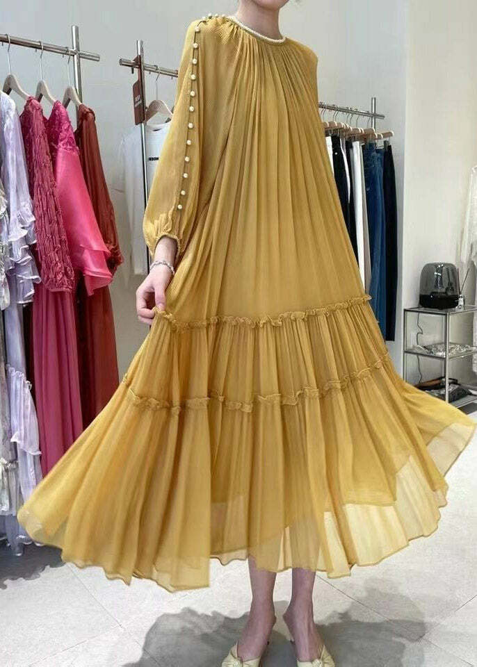 DIY Yellow O-Neck Nail Bead Ruffled Silk Dress - Y2K Summer, 90s Grunge, Retro Party Outfit