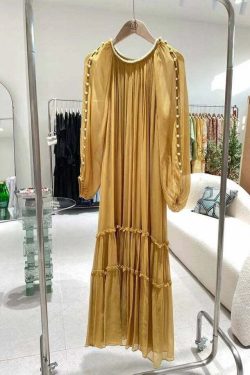 DIY Yellow O-Neck Nail Bead Ruffled Silk Dress - Y2K Summer, 90s Grunge, Retro Party Outfit