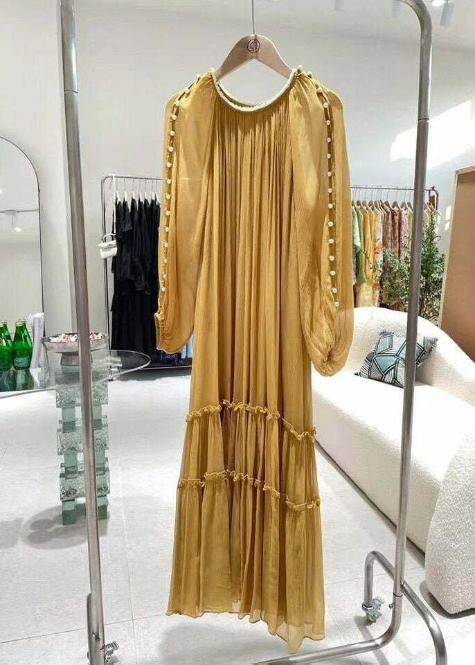 DIY Yellow O-Neck Nail Bead Ruffled Silk Dress - Y2K Summer, 90s Grunge, Retro Party Outfit