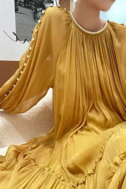DIY Yellow O-Neck Nail Bead Ruffled Silk Dress - Y2K Summer, 90s Grunge, Retro Party Outfit