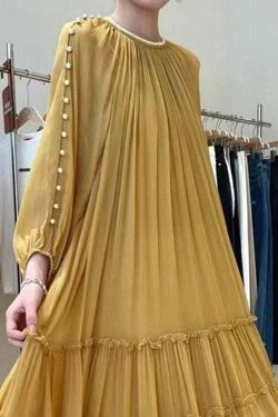 DIY Yellow O-Neck Nail Bead Ruffled Silk Dress - Y2K Summer, 90s Grunge, Retro Party Outfit