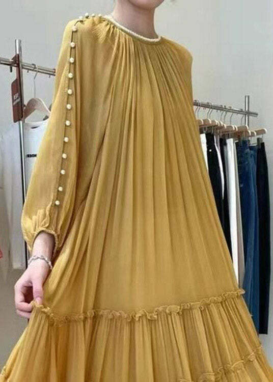 DIY Yellow O-Neck Nail Bead Ruffled Silk Dress - Y2K Summer, 90s Grunge, Retro Party Outfit