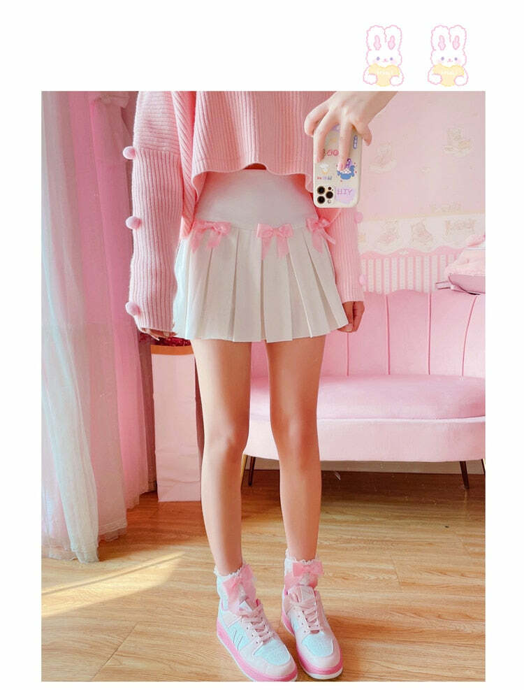 Dollette Kawaii Bow Pleated Mini Skirt - Y2K Summer, 90s Fashion, Grunge, Retro, Pastel Goth