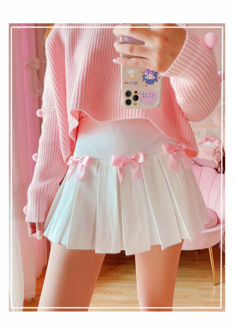 Dollette Kawaii Bow Pleated Mini Skirt - Y2K Summer, 90s Fashion, Grunge, Retro, Pastel Goth